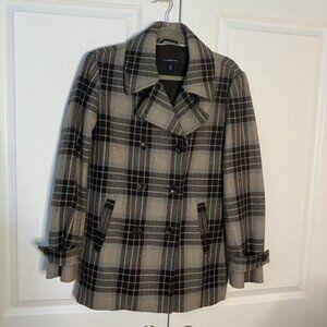 Lands' End Peacoat Womens 14 Gray Plaid Wool Blend Neutral